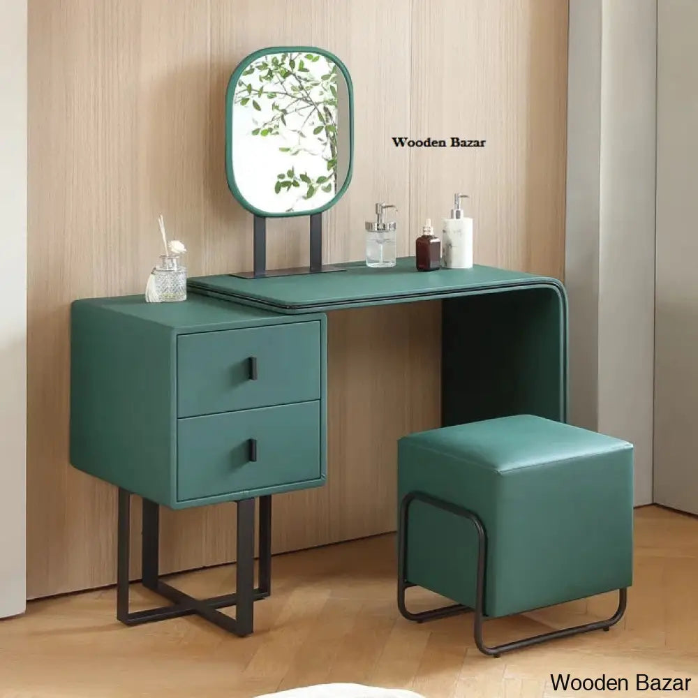 Faux Leather Chic Makeup Table And Vanity Stool Set Premium Dressing With Mirror Green/Black
