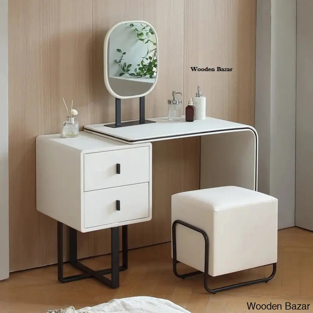 Faux Leather Chic Makeup Table And Vanity Stool Set Premium Dressing With Mirror White/Black