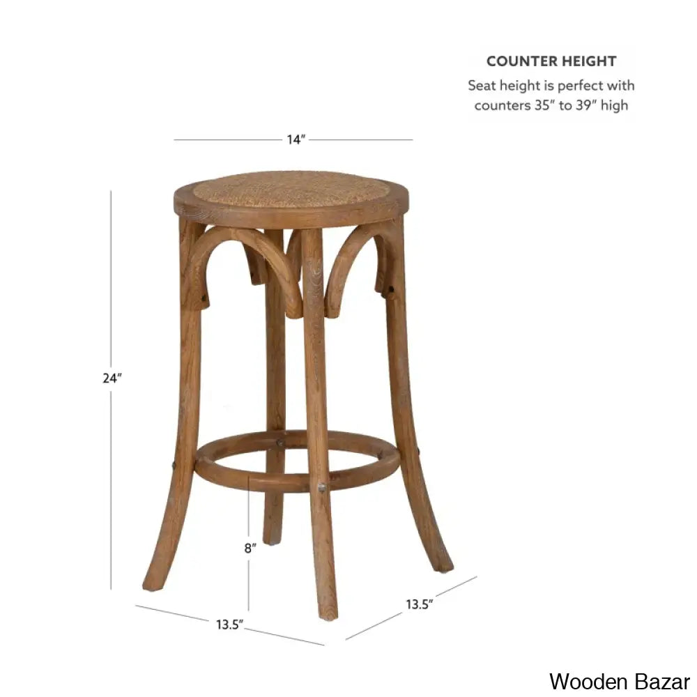 Ferreray Swivel Solid Elm Wood Cane Rattan Seat Backless Counter And Bar Stool