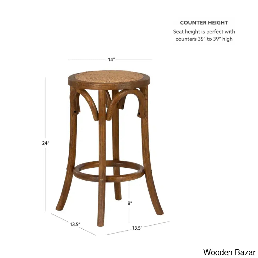 Ferreray Swivel Solid Elm Wood Cane Rattan Seat Backless Counter And Bar Stool