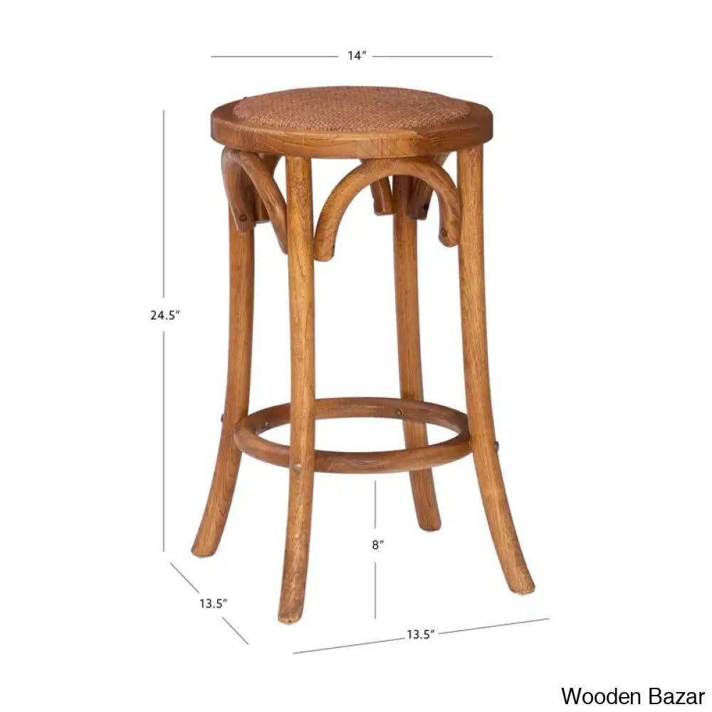 Ferreray Swivel Solid Elm Wood Cane Rattan Seat Backless Counter And Bar Stool