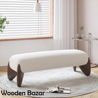 Modern White Boucle Bedroom Bench Upholstered Long Bench with Wood Legs - Wooden Bazar