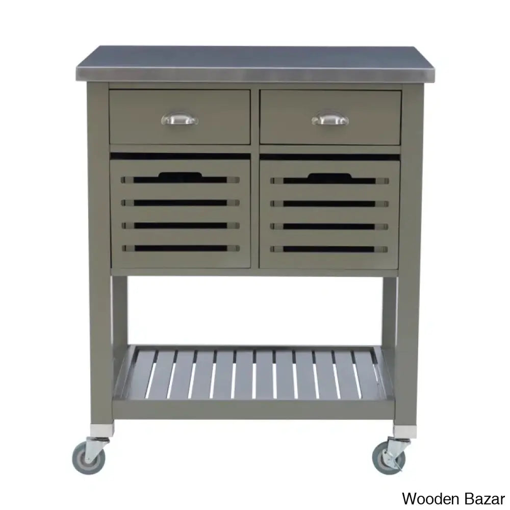 Fisnike Stainless Steel Top 2-Drawer Kitchen Trolley Cart With Storage Bins Cabinet Kitchen Island