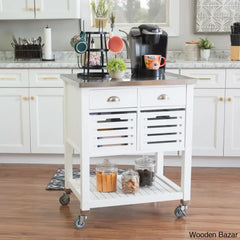 Fisnike Stainless Steel Top 2-Drawer Kitchen Trolley Cart With Storage Bins Cabinet Kitchen Island