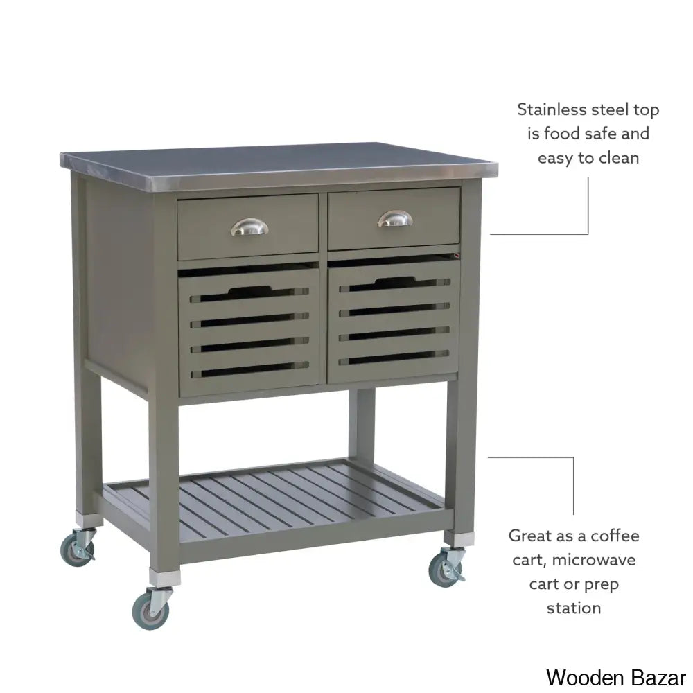 Fisnike Stainless Steel Top 2-Drawer Kitchen Trolley Cart With Storage Bins Cabinet Kitchen Island