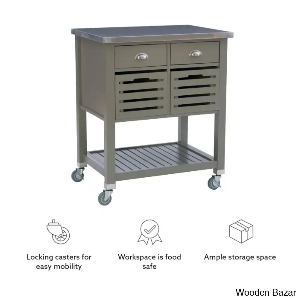 Fisnike Stainless Steel Top 2-Drawer Kitchen Trolley Cart With Storage Bins Cabinet Kitchen Island