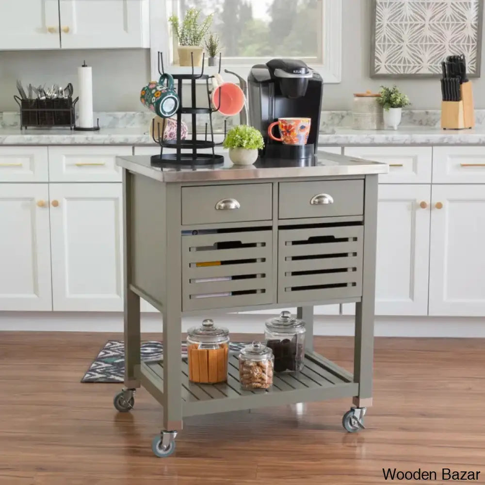 Fisnike Stainless Steel Top 2-Drawer Kitchen Trolley Cart With Storage Bins Cabinet Kitchen Island