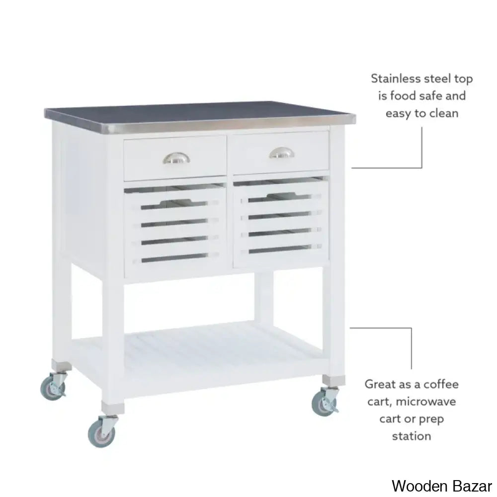 Fisnike Stainless Steel Top 2-Drawer Kitchen Trolley Cart With Storage Bins Cabinet Kitchen Island