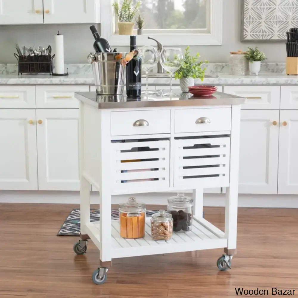 Fisnike Stainless Steel Top 2-Drawer Kitchen Trolley Cart With Storage Bins Cabinet Kitchen Island