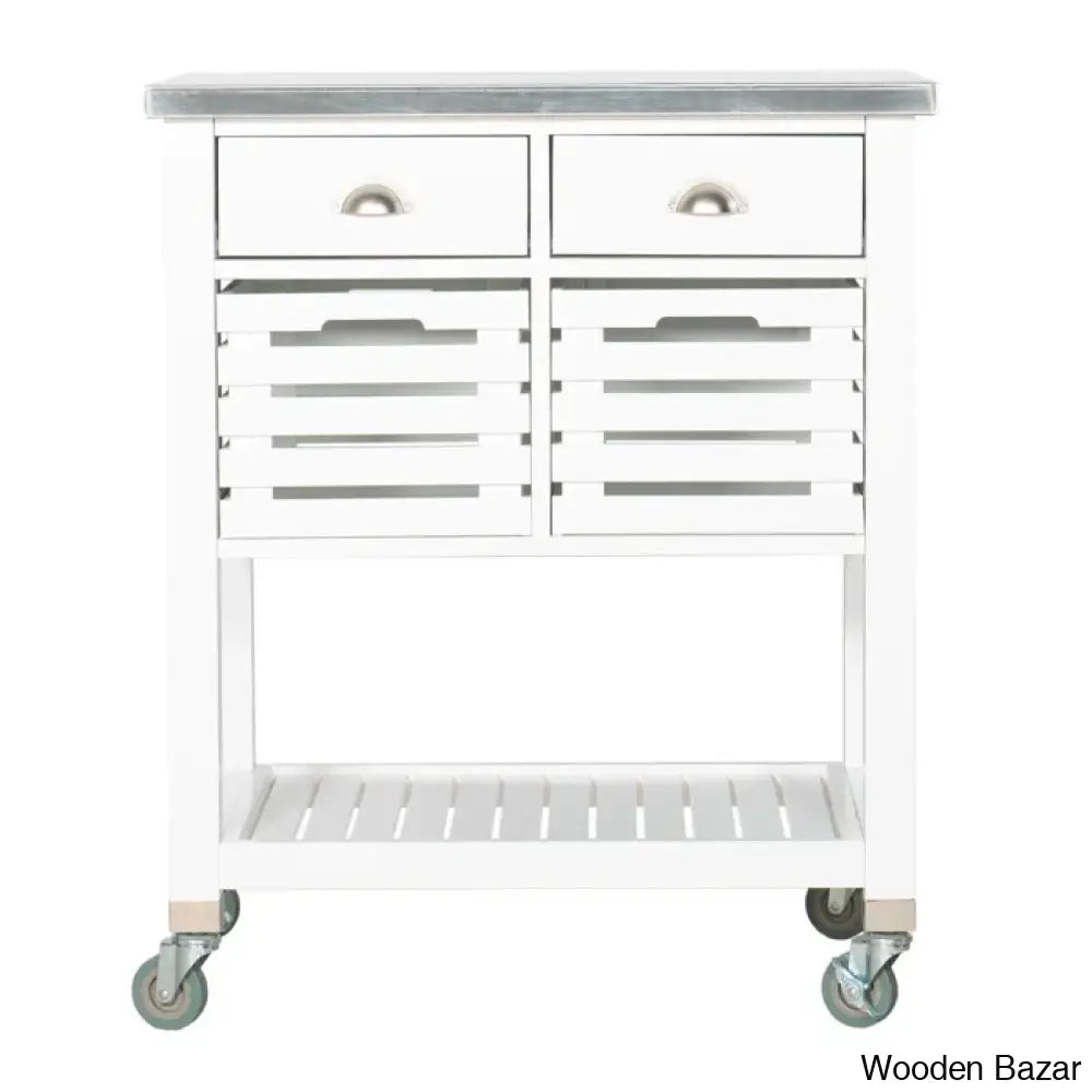 Fisnike Stainless Steel Top 2-Drawer Kitchen Trolley Cart With Storage Bins Cabinet Kitchen Island