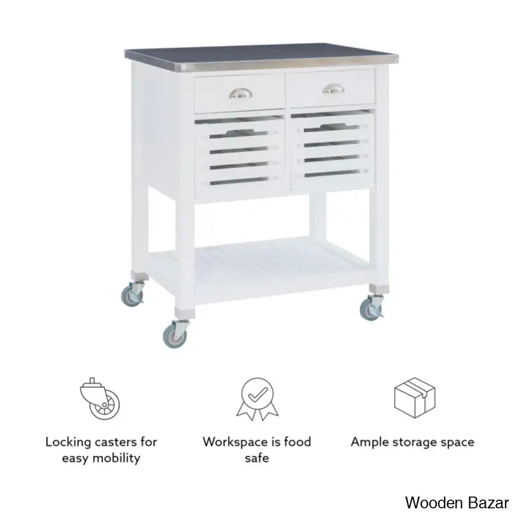 Fisnike Stainless Steel Top 2-Drawer Kitchen Trolley Cart With Storage Bins Cabinet Kitchen Island