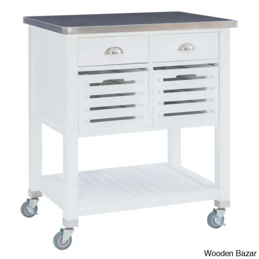 Fisnike Stainless Steel Top 2-Drawer Kitchen Trolley Cart With Storage Bins Cabinet Kitchen Island