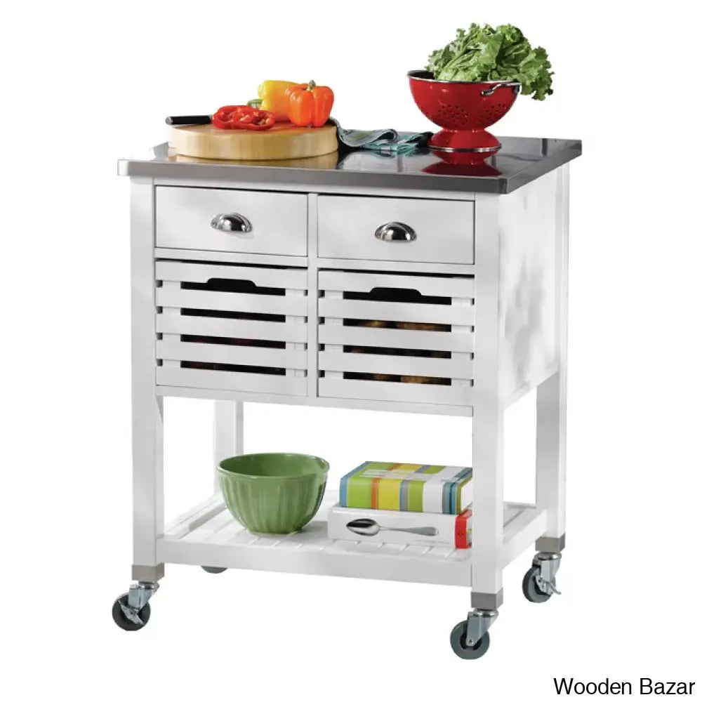 Fisnike Stainless Steel Top 2-Drawer Kitchen Trolley Cart With Storage Bins Cabinet Kitchen Island