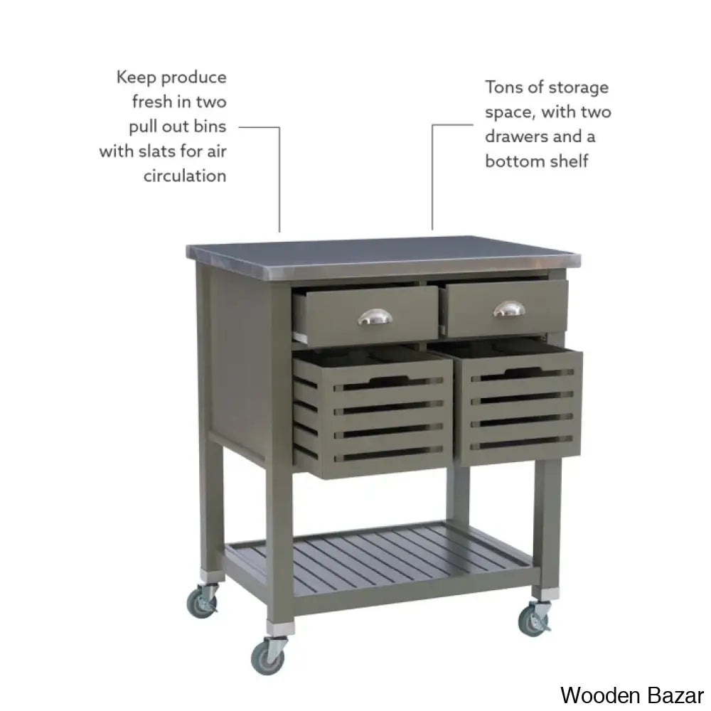 Fisnike Stainless Steel Top 2-Drawer Kitchen Trolley Cart With Storage Bins Cabinet Kitchen Island