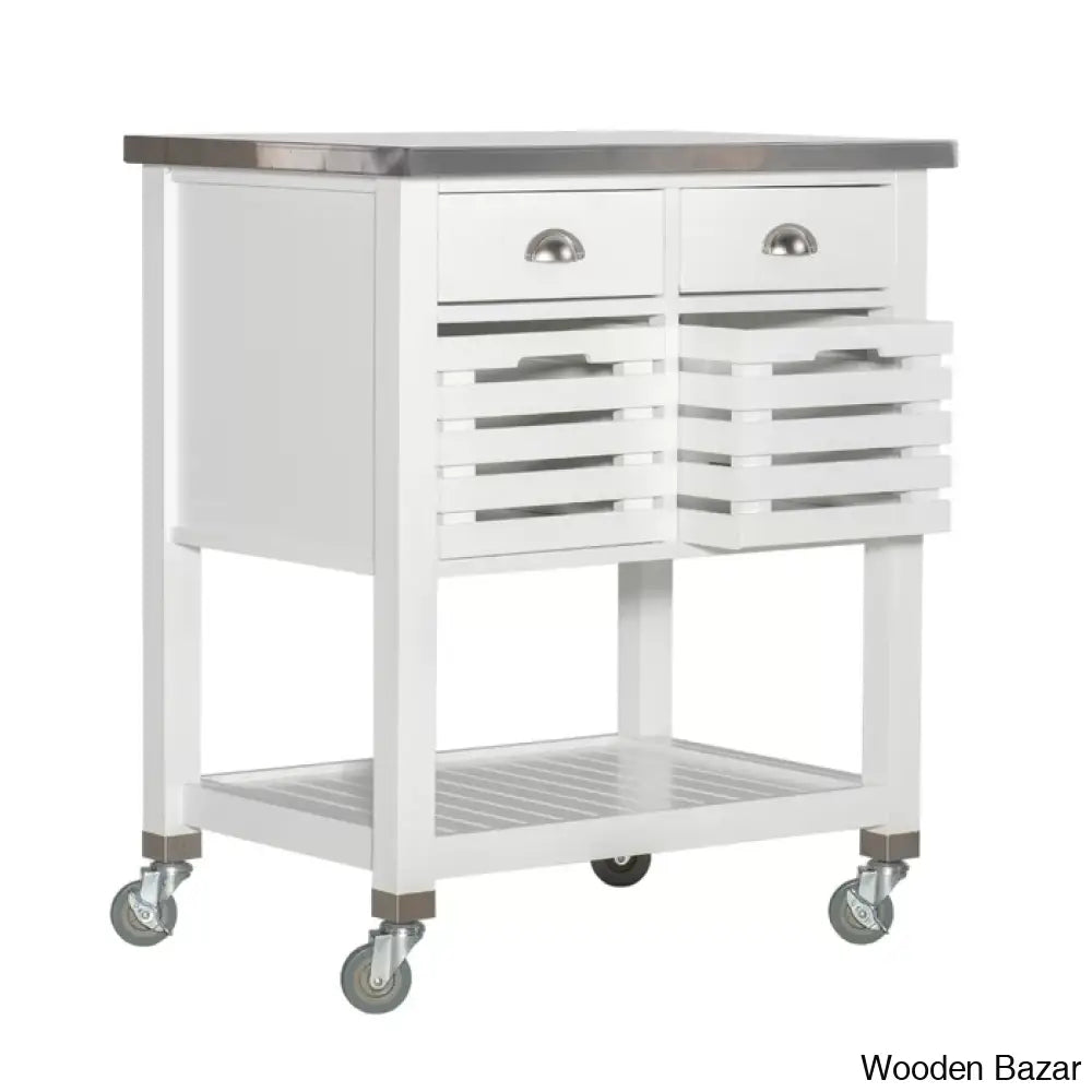 Fisnike Stainless Steel Top 2-Drawer Kitchen Trolley Cart With Storage Bins Cabinet Kitchen Island