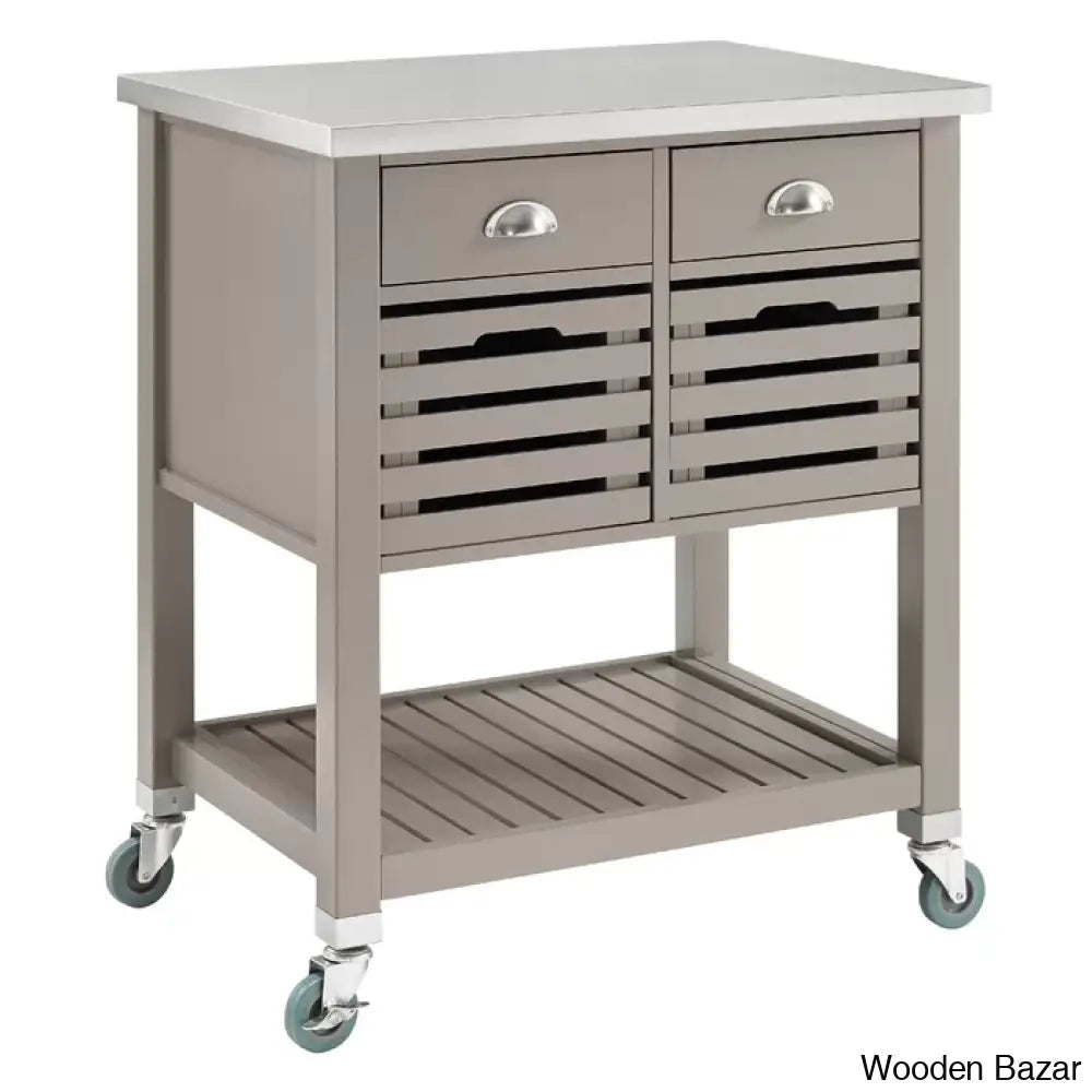 Fisnike Stainless Steel Top 2-Drawer Kitchen Trolley Cart With Storage Bins Cabinet Kitchen Island