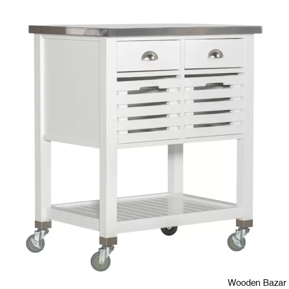 Fisnike Stainless Steel Top 2-Drawer Kitchen Trolley Cart With Storage Bins Cabinet Kitchen Island