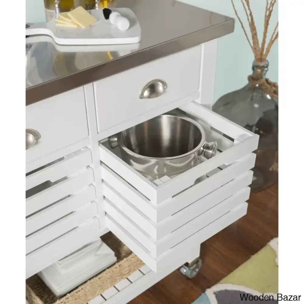 Fisnike Stainless Steel Top 2-Drawer Kitchen Trolley Cart With Storage Bins Cabinet Kitchen Island