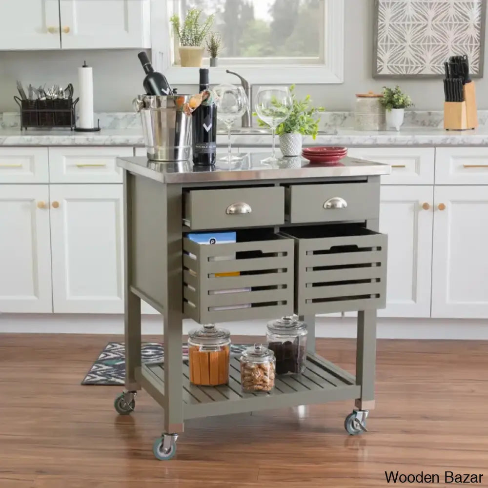 Fisnike Stainless Steel Top 2-Drawer Kitchen Trolley Cart With Storage Bins Cabinet Kitchen Island