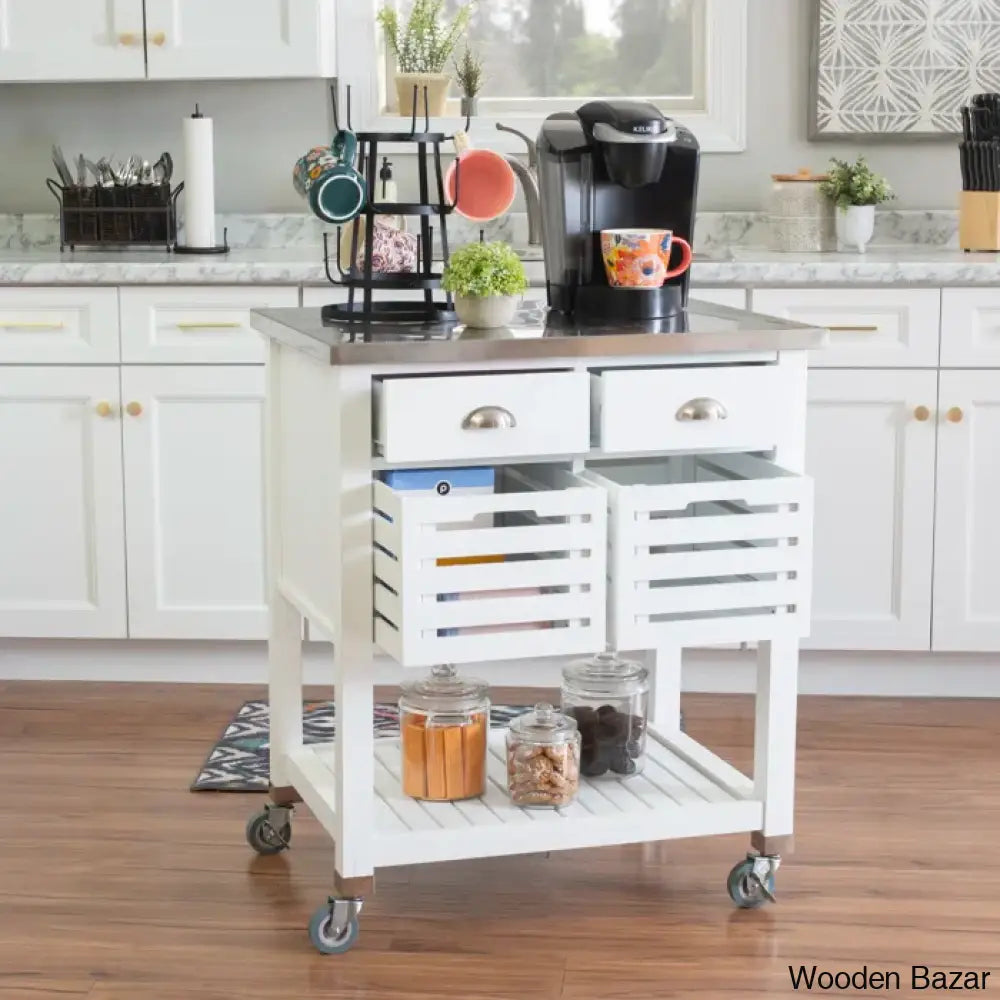 Fisnike Stainless Steel Top 2-Drawer Kitchen Trolley Cart With Storage Bins Cabinet Kitchen Island