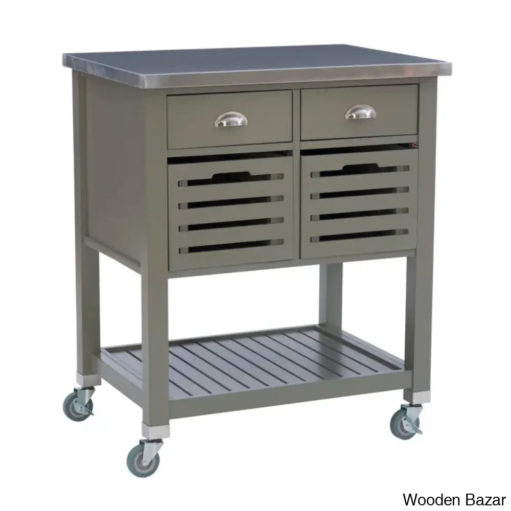 Fisnike Stainless Steel Top 2-Drawer Kitchen Trolley Cart With Storage Bins Cabinet Kitchen Island