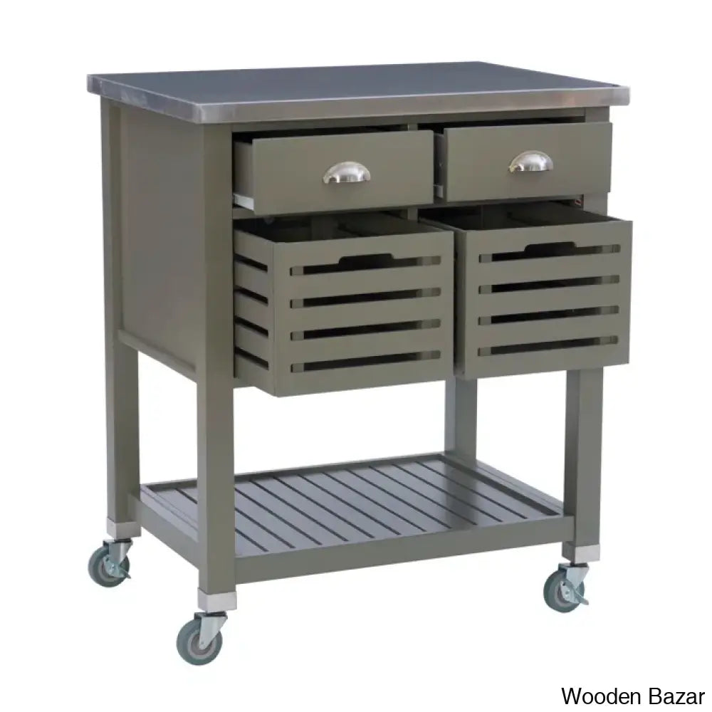 Fisnike Stainless Steel Top 2-Drawer Kitchen Trolley Cart With Storage Bins Cabinet Kitchen Island