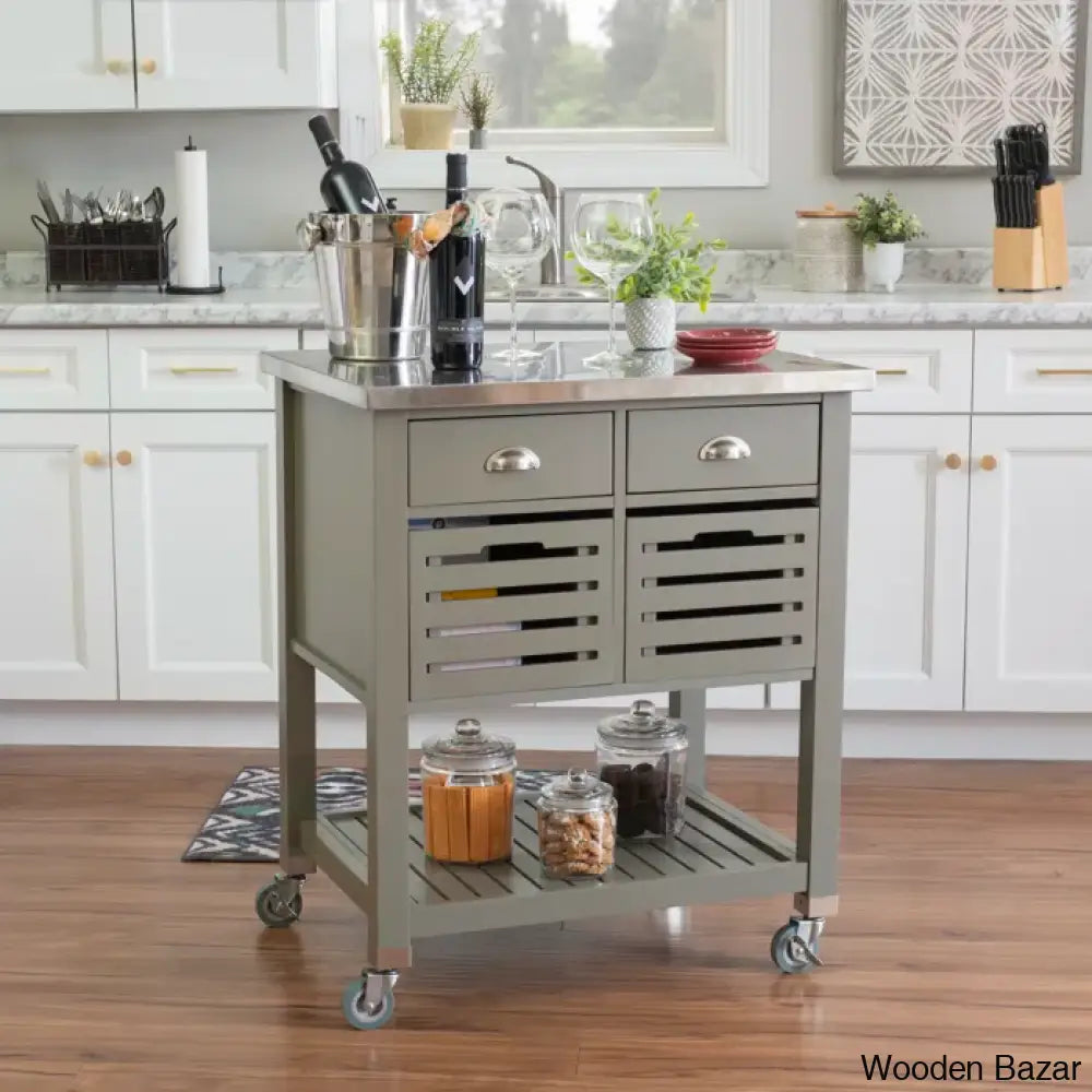 Fisnike Stainless Steel Top 2-Drawer Kitchen Trolley Cart With Storage Bins Cabinet Kitchen Island