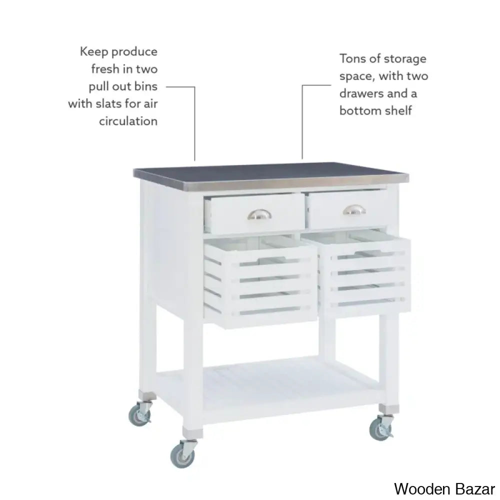 Fisnike Stainless Steel Top 2-Drawer Kitchen Trolley Cart With Storage Bins Cabinet Kitchen Island