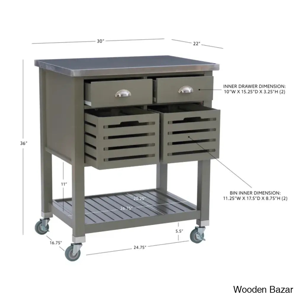 Fisnike Stainless Steel Top 2-Drawer Kitchen Trolley Cart With Storage Bins Cabinet Kitchen Island