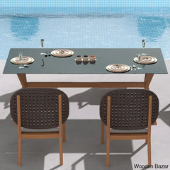 Gabriel 6 Seater Teak Wood Outdoor Dining Set With Glass Top Table With Natural Rattan Armchairs