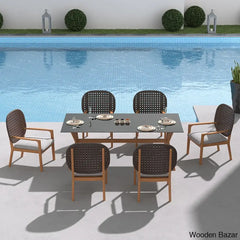 Gabriel 6 Seater Teak Wood Outdoor Dining Set With Glass Top Table With Natural Rattan Armchairs