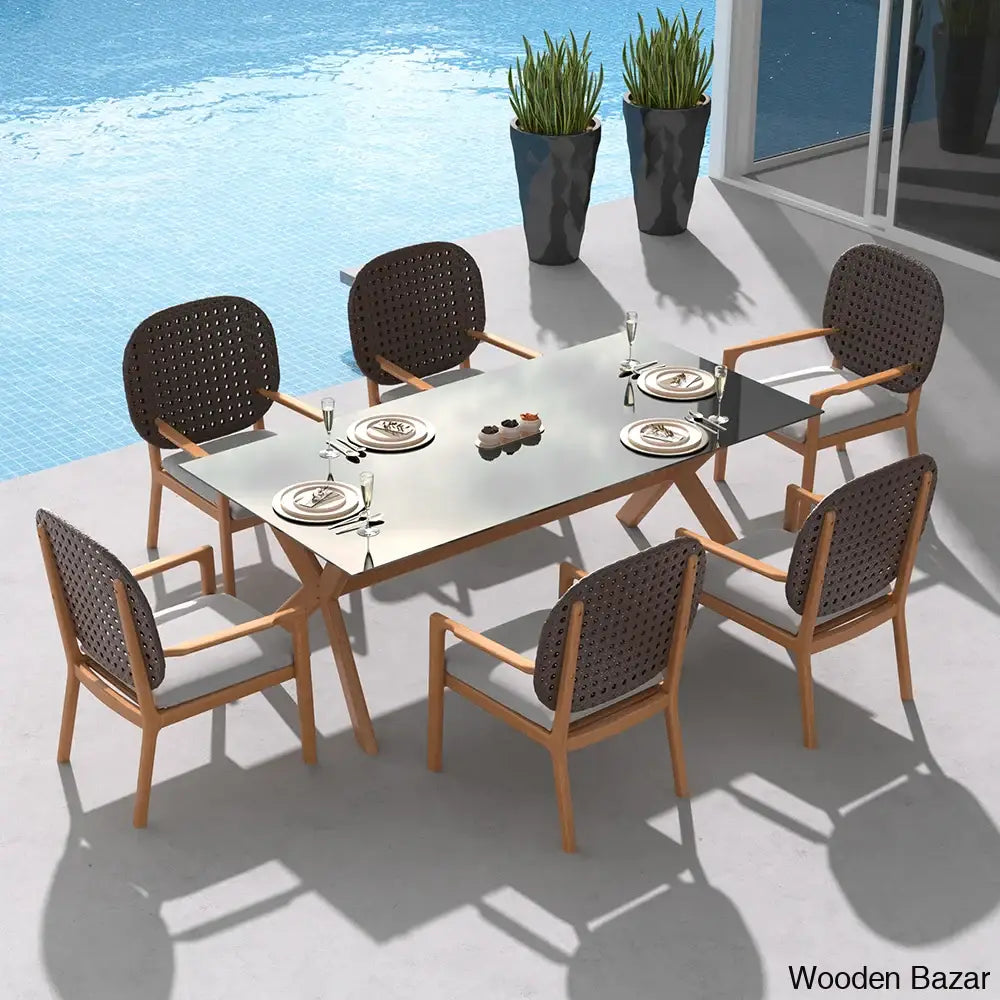 Gabriel 6 Seater Teak Wood Outdoor Dining Set With Glass Top Table With Natural Rattan Armchairs