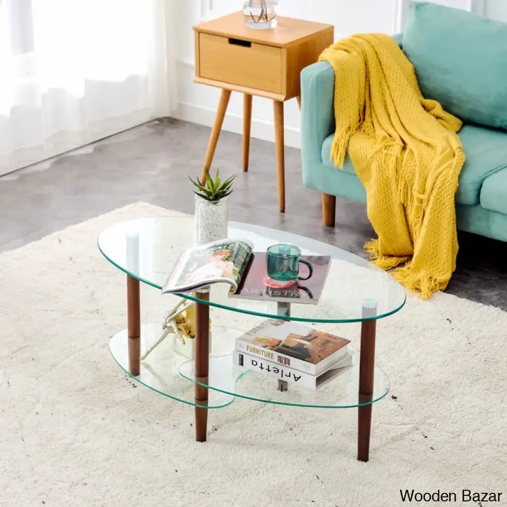 Gailannie Glass Oval Coffee And Center Table 3-Layer Cocktail Center For Living Room