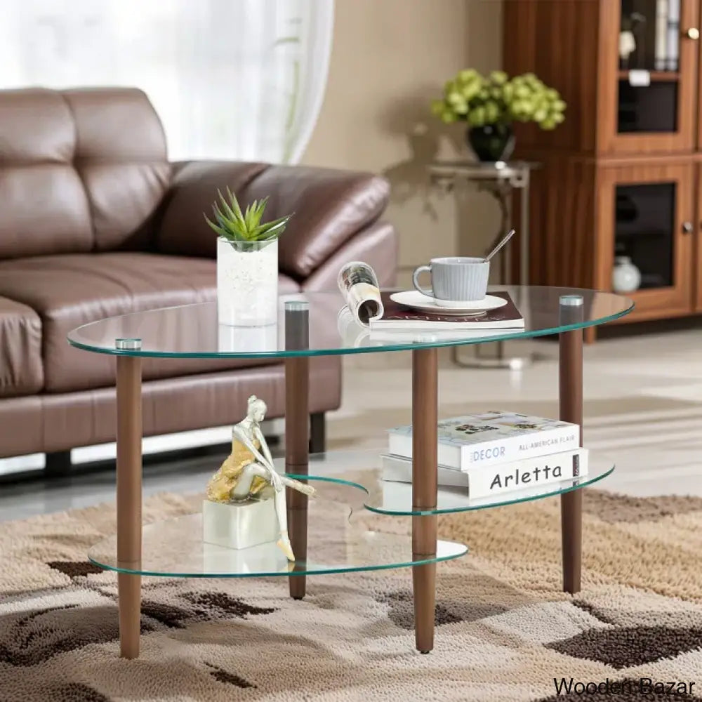 Gailannie Glass Oval Coffee And Center Table 3-Layer Cocktail Center For Living Room