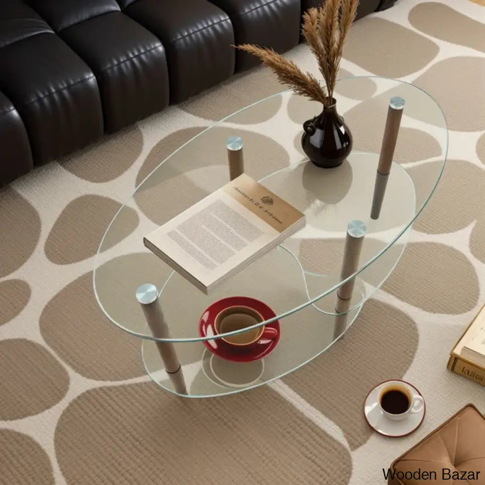 Gailannie Glass Oval Coffee And Center Table 3-Layer Cocktail Center For Living Room