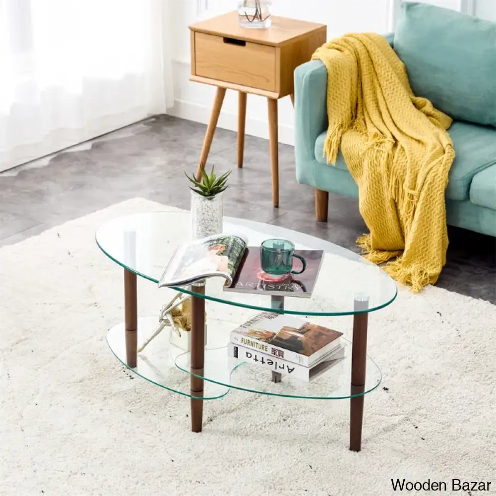 Gailannie Glass Oval Coffee And Center Table 3-Layer Cocktail Center For Living Room