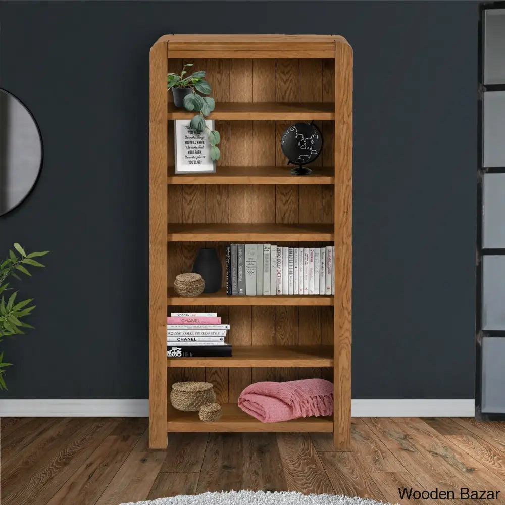 Gamel Solid Wood Modern Carved Edge Bookcase - Wooden Bazar Large