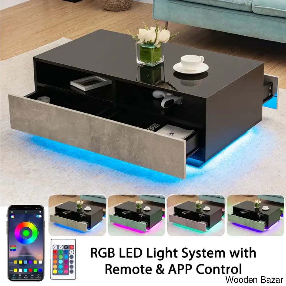 Gastelumi Led Coffee And Center Table With Colorful Rgb Lights & 4 Drawers