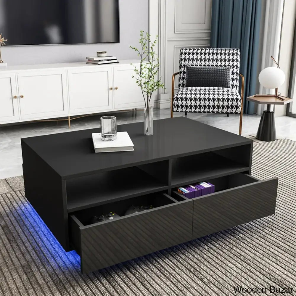 Gastelumi Led Coffee And Center Table With Colorful Rgb Lights & 4 Drawers