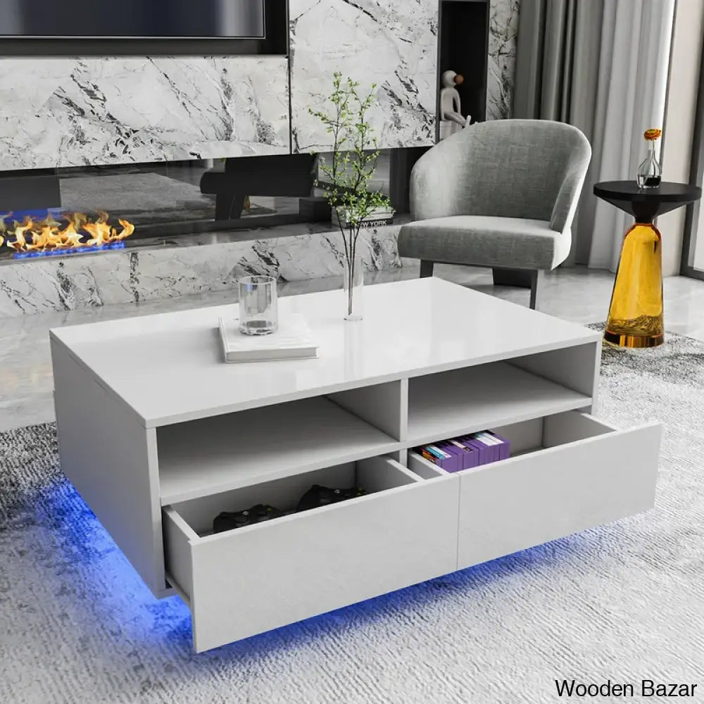 Gastelumi Led Coffee And Center Table With Colorful Rgb Lights & 4 Drawers