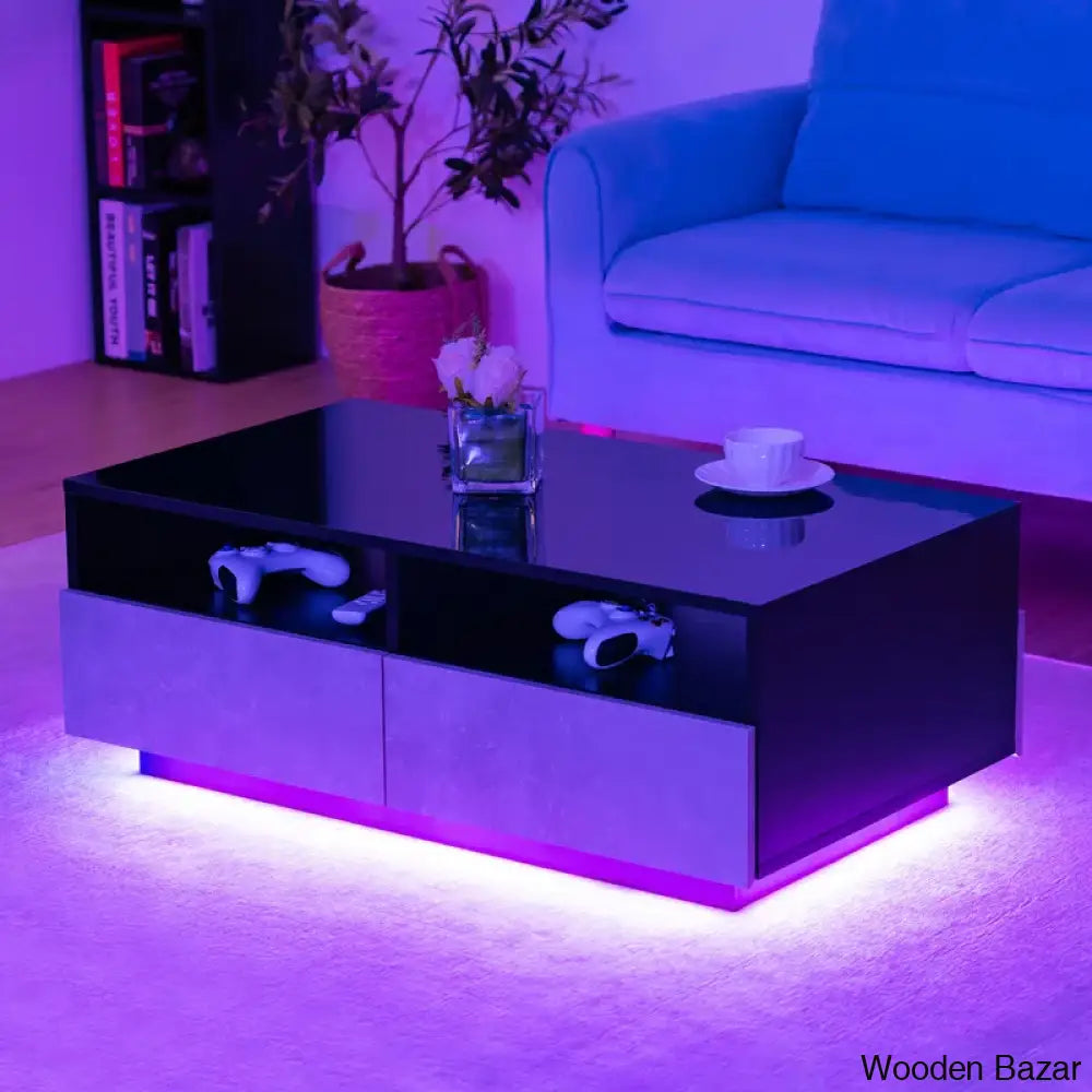 Gastelumi Led Coffee And Center Table With Colorful Rgb Lights & 4 Drawers