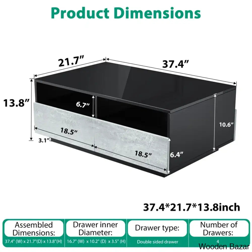 Gastelumi Led Coffee And Center Table With Colorful Rgb Lights & 4 Drawers