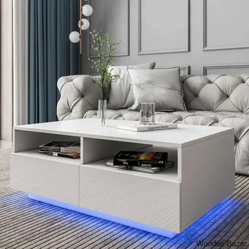 Gastelumi Led Coffee And Center Table With Colorful Rgb Lights & 4 Drawers