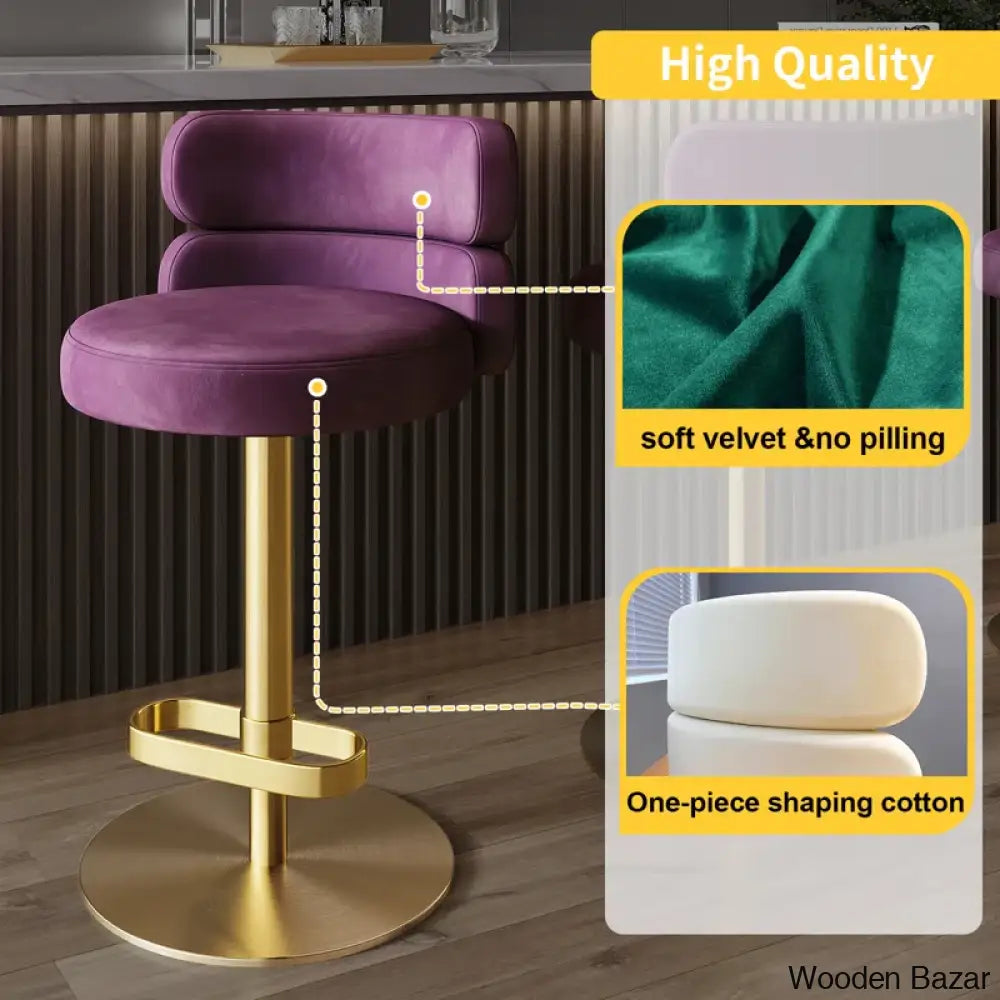 Giacamoy Adjustable Height Swivel Velvet Counter And Bar Stool In Stainless Steel - Modern Design