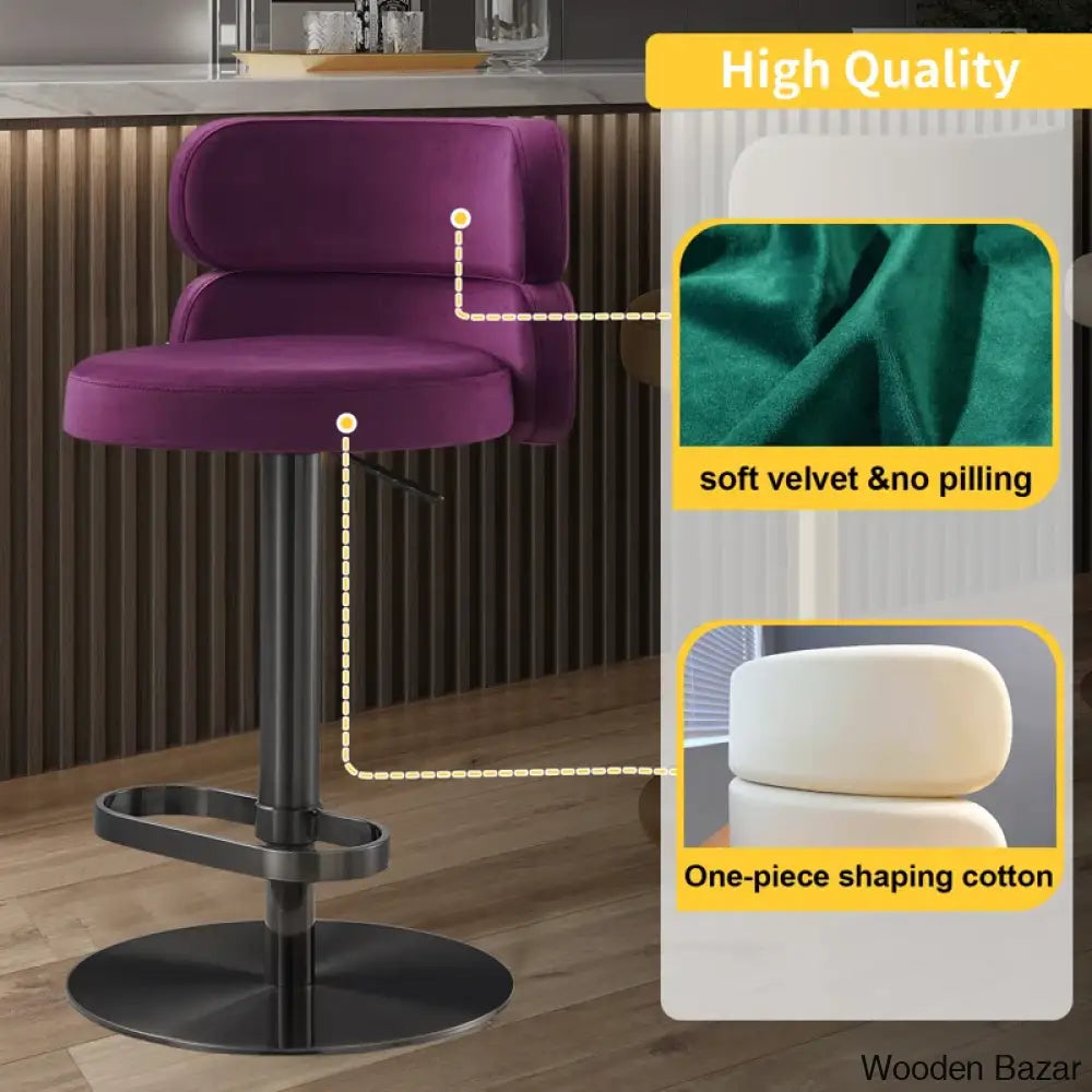 Giacamoy Adjustable Height Swivel Velvet Counter And Bar Stool In Stainless Steel - Modern Design