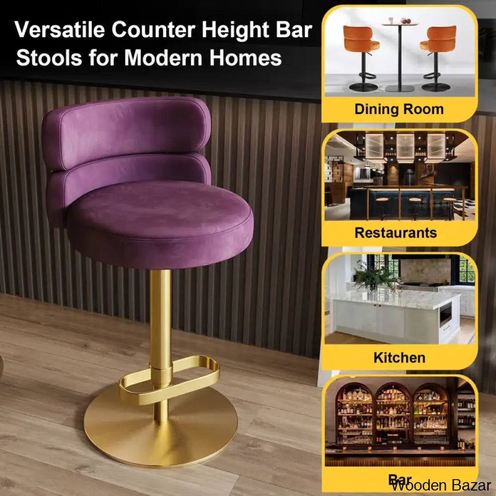 Giacamoy Adjustable Height Swivel Velvet Counter And Bar Stool In Stainless Steel - Modern Design