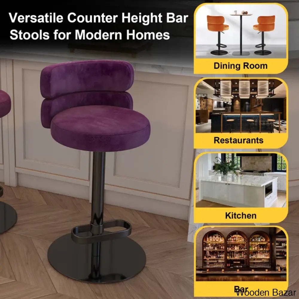 Giacamoy Adjustable Height Swivel Velvet Counter And Bar Stool In Stainless Steel - Modern Design