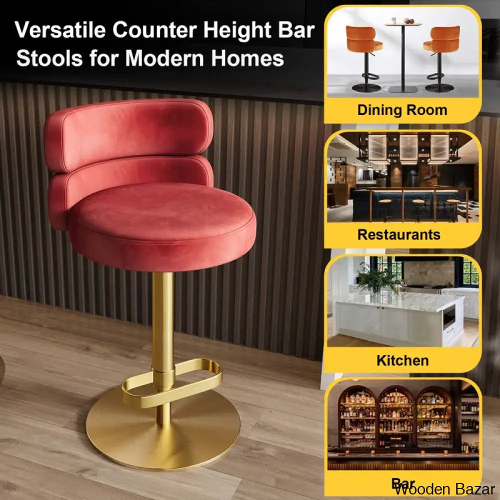 Giacamoy Adjustable Height Swivel Velvet Counter And Bar Stool In Stainless Steel - Modern Design