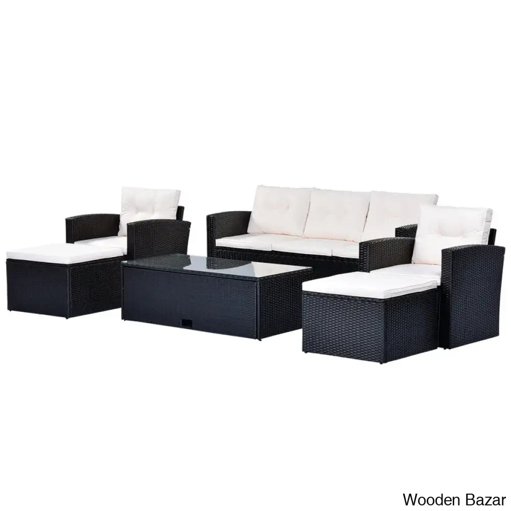 Go 6-Piece Outdoor Patio Set - Black Wicker & Beige Cushions With Sofas Ottomans And Coffee Table