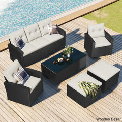 Go 6-Piece Outdoor Patio Set - Black Wicker & Beige Cushions With Sofas Ottomans And Coffee Table